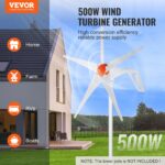 Generador de Aerogenerador de 500 W, Kit de Turbina Eólica de 12 V con 5 Aspas, Generador de Energía Eólica con Controlador MPPT, Dirección al Viento Ajustable y Velocidad de Arranque de 2,5 m/s, Ideal para Hogar, Granjas, Autocaravanas y Barcos - Imagen 3