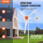 Generador eólico de 800 W, kit de turbina eólica de 12 V, generador de energía eólica de 3 palas con controlador MPPT, orientación ajustable al viento y velocidad de arranque de 2,5 m/s; apto para hogares, granjas, autocaravanas y embarcaciones. - Imagen 4